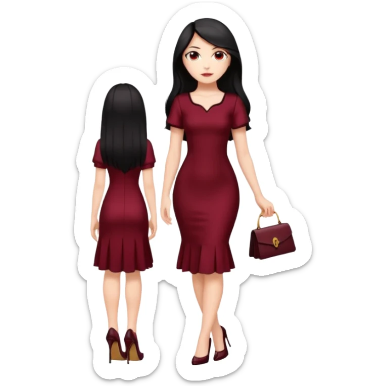 Chica blanca ,ojos marrones, vestido granate muy largo sexy manga corta,  cuerpo entero pelo negro y largo zapatos negros tacon sticker