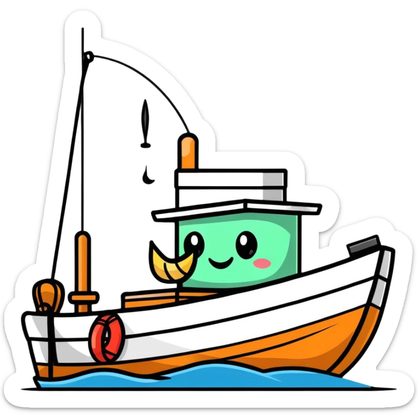 A cartoon fishing boat with a friendly face and tiny fishing rod sticker