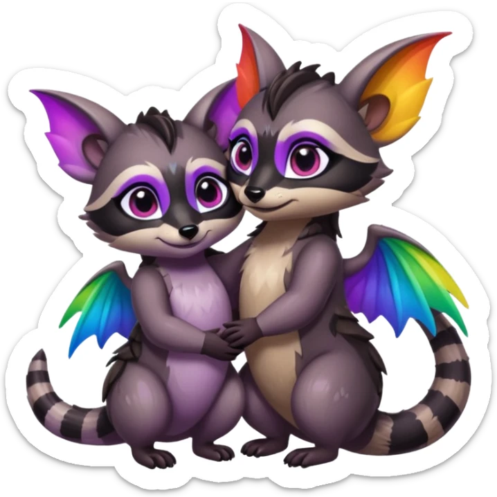 2 black female raccoon dragon hybrids with rainbow colored wings and purple eyes hugging sticker