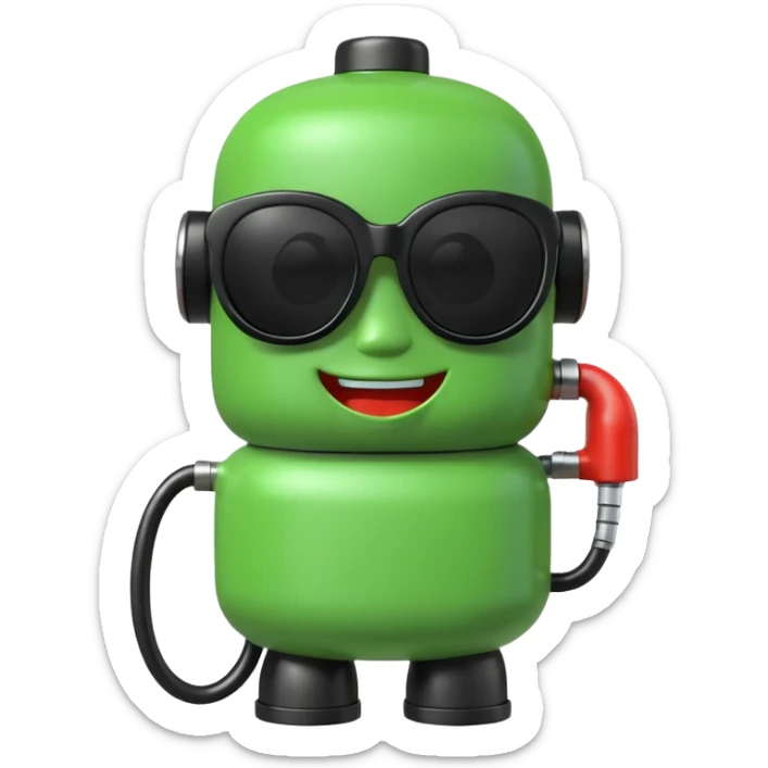 A cute 3D icon of a green gas pump character wearing oversized black sunglasses. Round and chubby proportions, glossy toy-like texture, soft pastel lighting, friendly expression, smooth edges, high-quality render, isolated on a transparent background. sticker