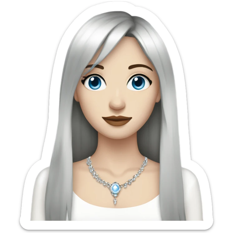 woman with pale skin, blue eyes and long dark brown hair with layers and fringe bangs, wearing a white top and silver jewellery sticker