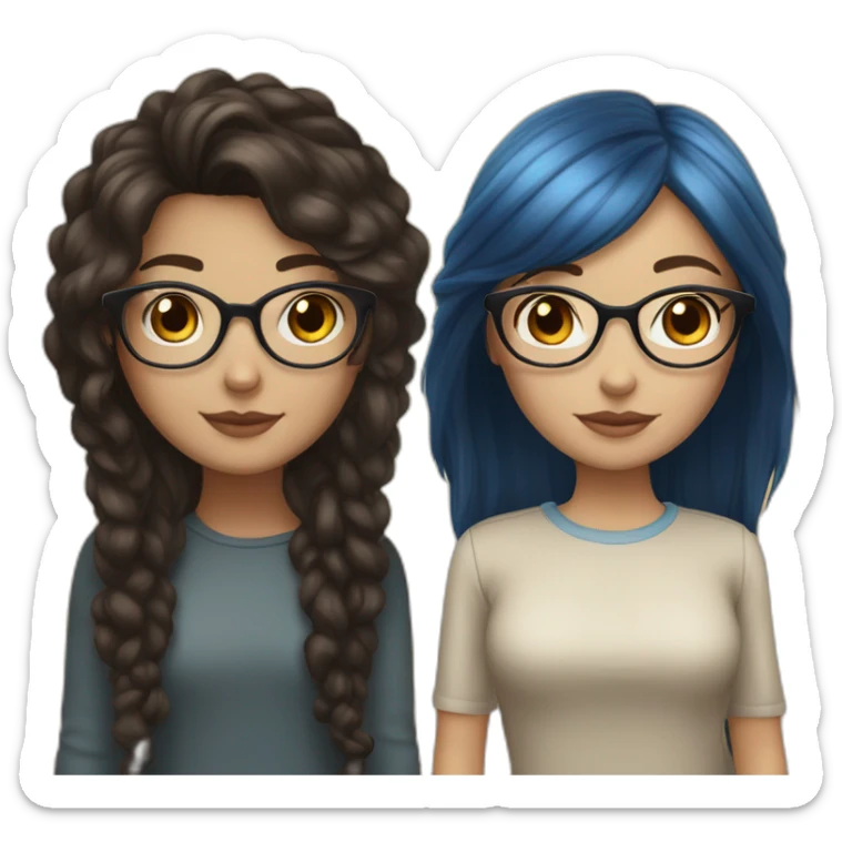 Couple white skin girl with blue eyes and glasses and read hair with latina girl with long black hair brown eyes sticker