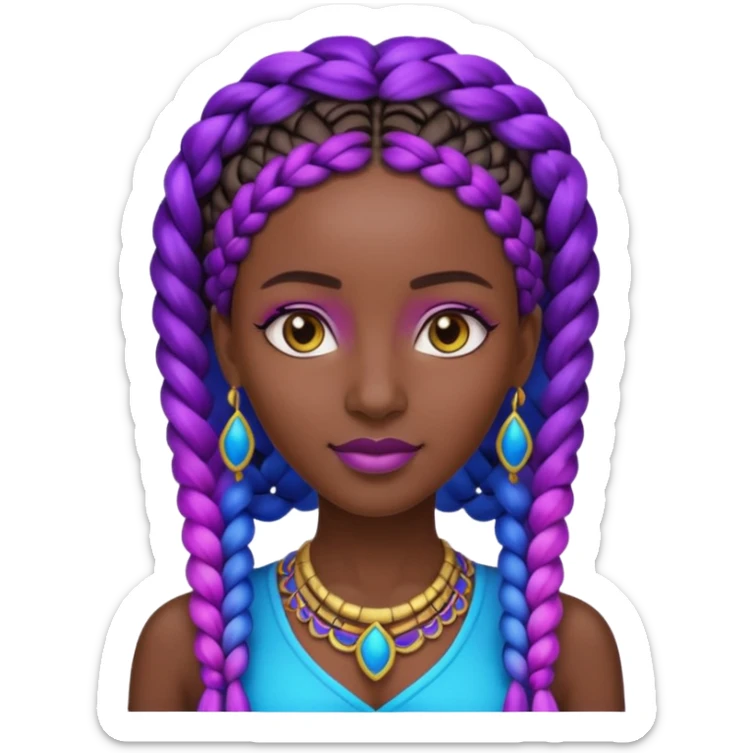 Create me an emoji of a beautiful Ethiopian Queen of Sheba with amazing braids wearing a neon purple and blue gradient African patterns. sticker