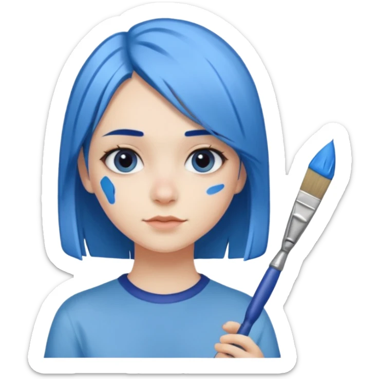 Chica con el pelo azul lacio y que tenga un pincel en las puntas pintado de azul sticker