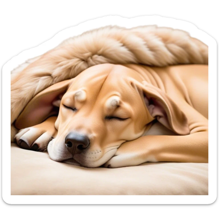 Meme-Worthy Cute Sleeping Fawn Great Dane Portrait Emoji, Head resting peacefully with a contented smile, showcasing a delightfully solid build and a luxuriously soft fawn Fur, eyes shut in a serene nap, Simplified yet hilariously adorable features, highly detailed, glowing with a soft, drowsy light, high shine, relaxed and utterly lovable, stylized with an air of playful laziness, bright and heartwarming, soft glowing outline, capturing the essence of a comically sleepy guardian, so meme-worthy it feels like it could instantly become the next viral sensation of adorable slumber! sticker