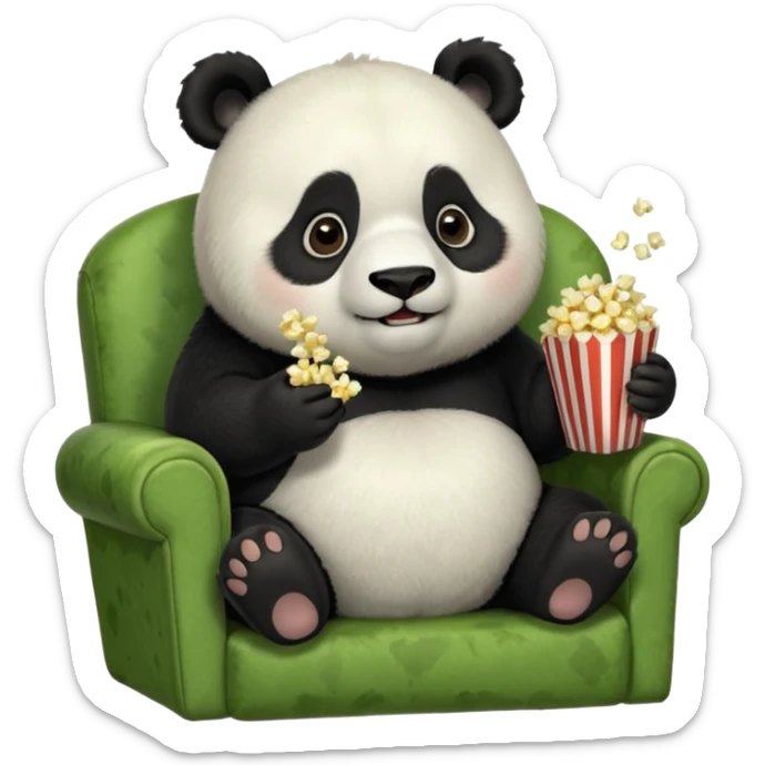 Chubby panda sitting on a earthy green chair that is too small for him, eatting popcorn, watching TV, 4k, dpi 300. Must not be low resolution, must not be poor quailty, must be colorful, must not have any emoji faces, no emoji icons. sticker