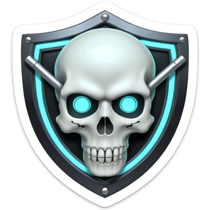 Futuristic shield badge, metallic tubes entwined, skull center, dark anime 90s style, no background sticker