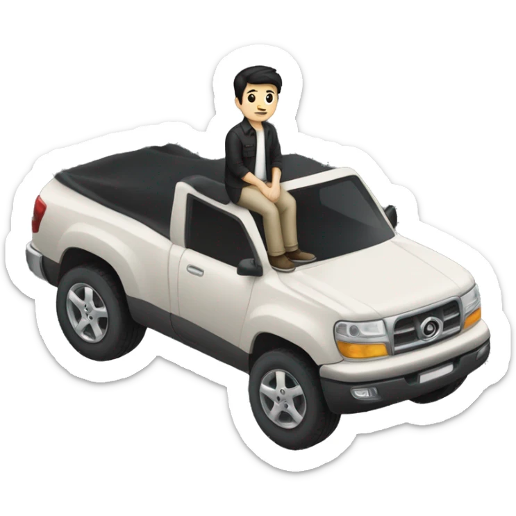 (A man with pale skin and black hair), (sitting on top of a black car) sticker