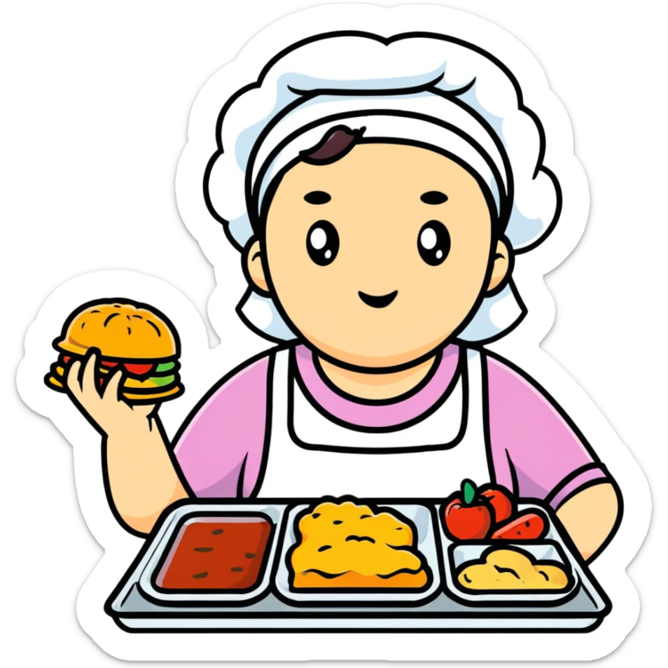 cartoon sticker of a lunch lady with a disgusted expression, holding a tray of gross food sticker