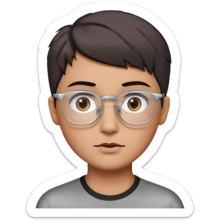 personagem com corte de cabelo Wolf cut curto, cabelo castanho escuro, olho castanho escuro, sombrancelha castanho escuro, óculos sem aro prata quadrado. sticker