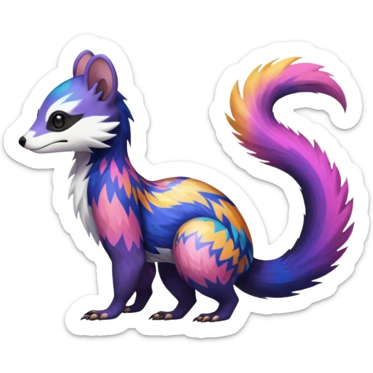 Colorful diaphanous Trico-Sergal-Skunk-Ferret-Furret-Marsupial-Vernid-fusion-Fakemon-animal-hybrid-creature, full body sticker