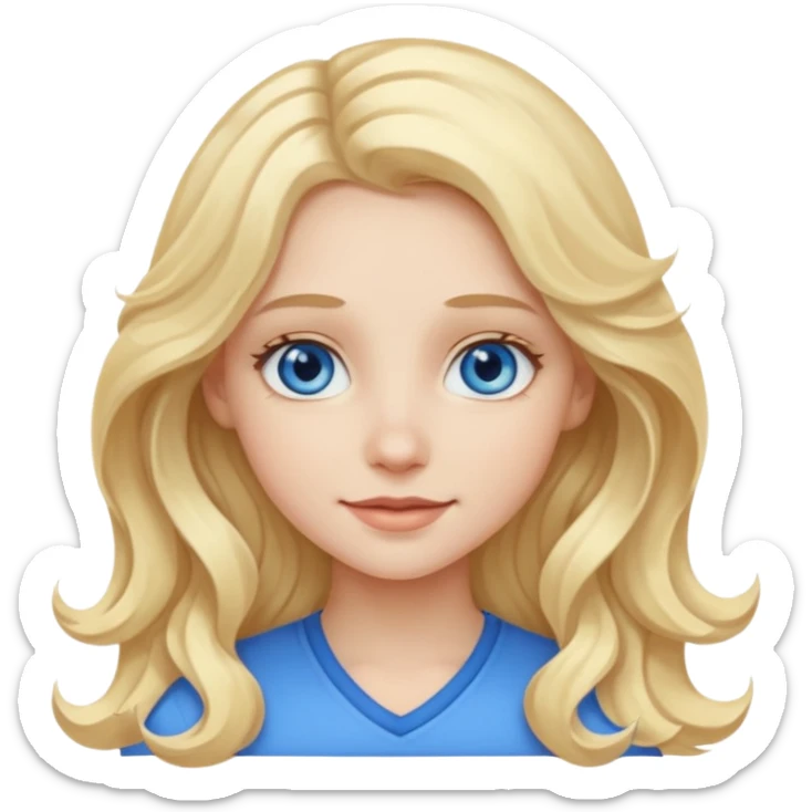 A pale girl with blue eyes and long and blonde , wavy hair , smiling  sticker