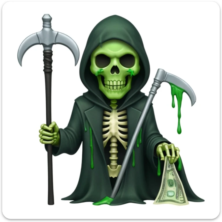 Emoji iPhone de la grande faucheuse, visage effrayant mi-squelette mi-zombie, slime vert, billets de 100$ visibles dans la scène (par exemple dans la capuche ou volant), tient une faux, fond blanc, rien d'autre dans les mains, parfait pour photo de profil sticker