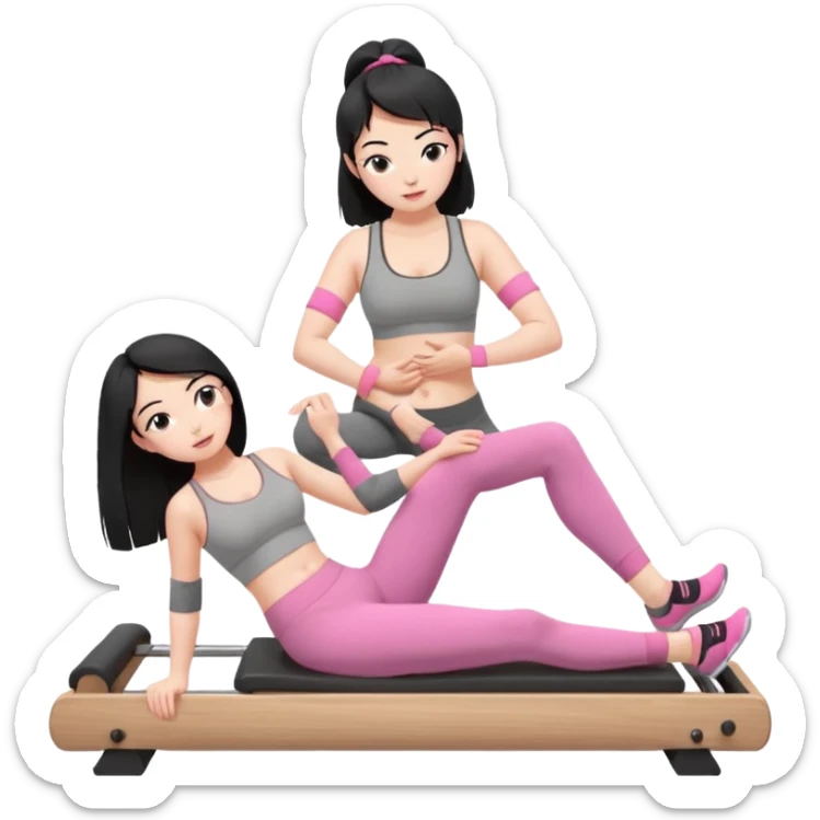 Create a Pilates emoji: a girl with fair skin and black hair, wearing a grey bra and grey leggings with pink pilates socks, doing sitted stomach massage on a wooden reformer and not looking at the camera. Make the colors neutrals. sticker