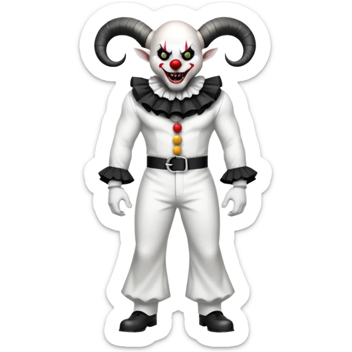 full-body muscular demonic clown in black and white leisure suit with bellbottom pants, bald, black ram horns, flashy black and white belt, ruffled white shirt, no neck tie, large fangs sticker
