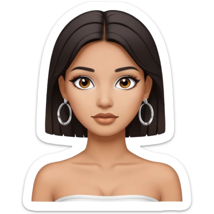 latina makeup olsun, saçları düz, halka küpeler taksın. takıların hepsi gümüş rengi olsun halka küpeler ve kolye dahil. makyajı ağır olsun ve beyaz bir Bandeau top kıyafet giyisin sticker