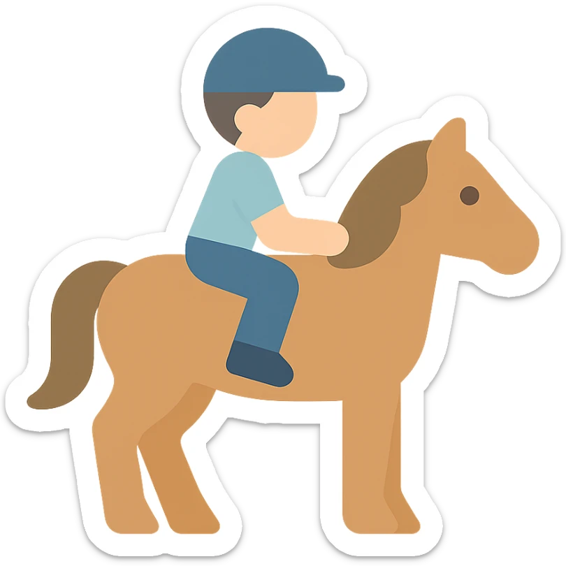 flat color icon of a child riding a horse, friendly and approachable, clean shapes sticker