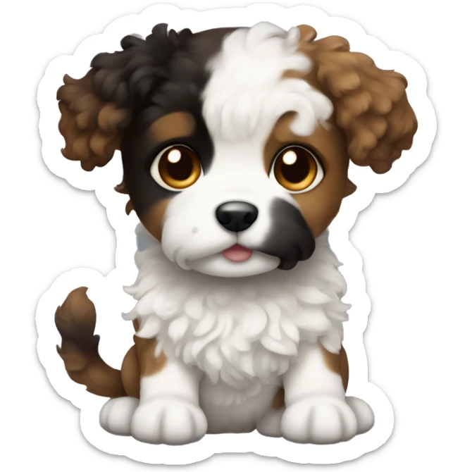 Puppy with curly black and brown fur and white fur only on chest sticker