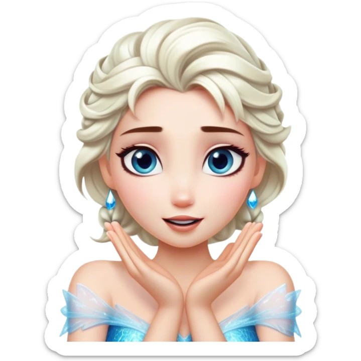 Cinematic Playful Elsa Portrait Emoji, Blowing frost from her hands in a dazzling display, eyes filled with mischief, exuding a magical charm that is both fun and enchanting! sticker
