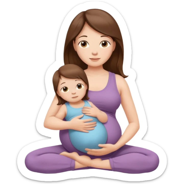 "Pregnant woman sitting in a yoga pose with long brown hair and fair skin, holding a newborn baby with short brown hair and fair skin." sticker