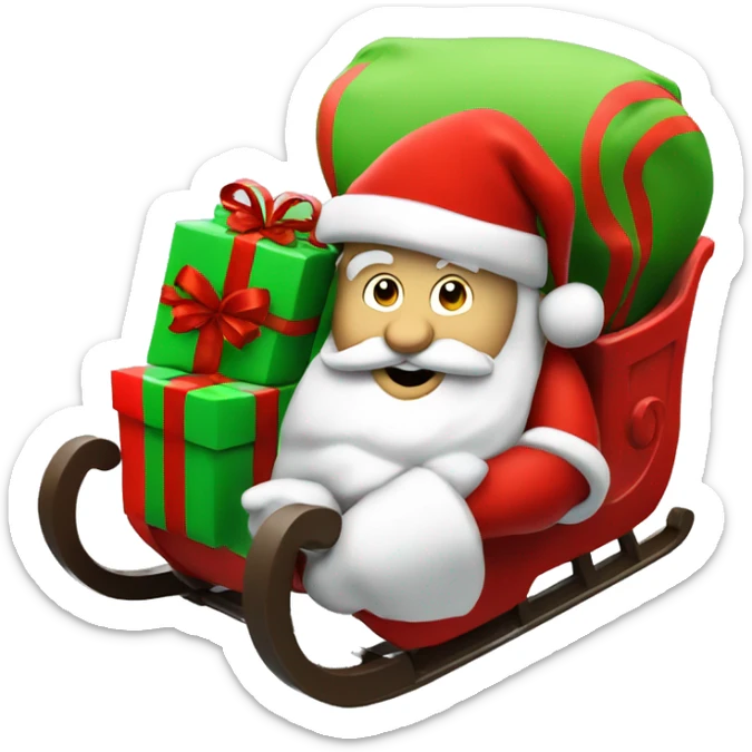 Santa in red sleigh, green sack of gifts, fun and festive sticker