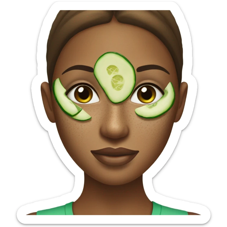 Girl with freackles Brown hair white skin Tone and blue eyes wears Green skin care mask while She relaxes and cucumber on her closed eyes sticker