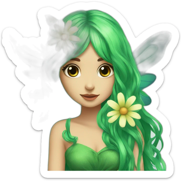 long green hair fae dress with wings sitting on flower sticker