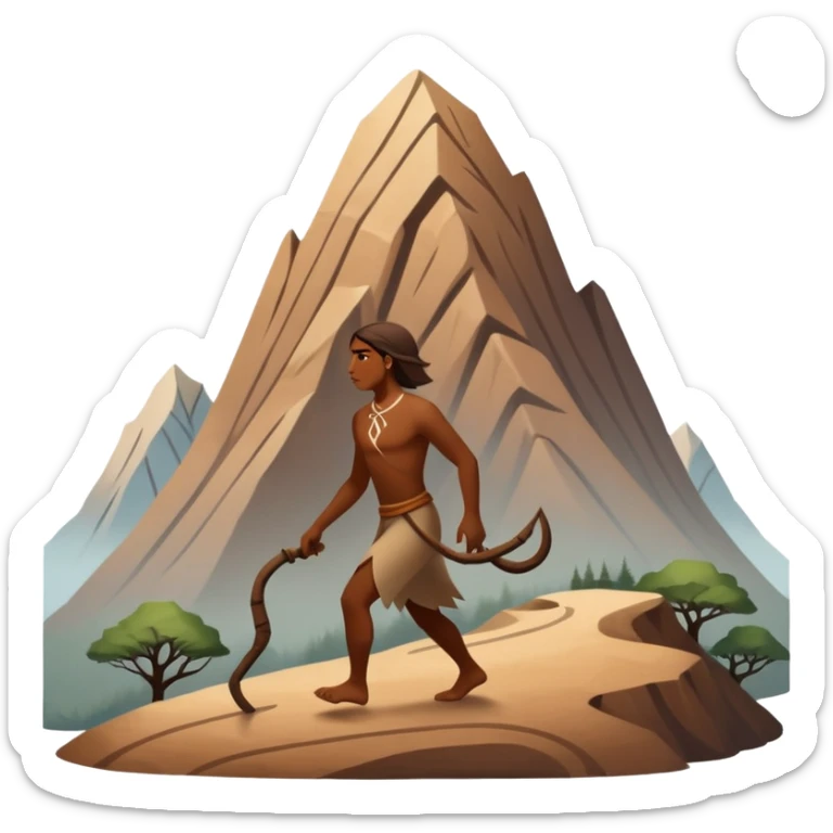 una figura humana sencilla como pintura rupestre caminando hacia una montaña la montaña hecha con líneas curvas primitivas
un animal totémico minimal 
un espiral tipo energía ancestral de fondo 
una mano prehistórica adaptada a ícono
Con una runa moderna inspirada en naturaleza sticker