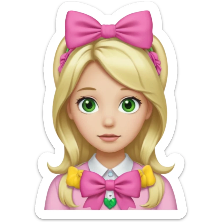 blonde girl long hair middle part, green eyes, pink bow and scrunchie sticker