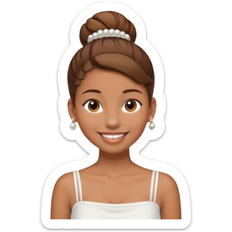 Light brown skin girl, brown hair in bun, smiling, white tube top, pearl earrings sticker