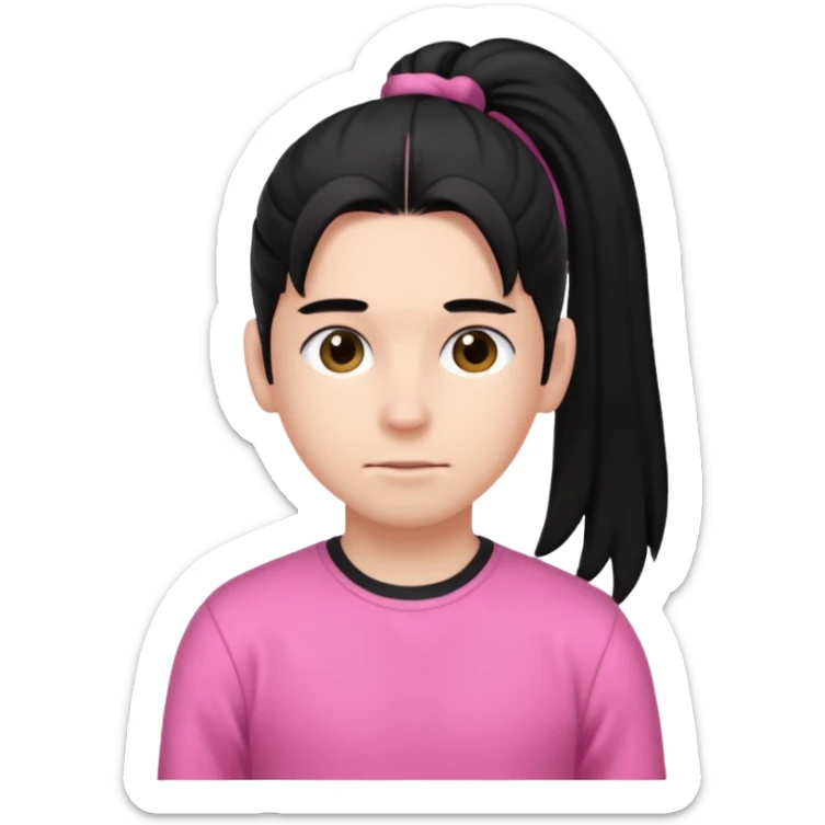 An emoji of a soft boy with black long hair in a poney tale in pink clothes sticker