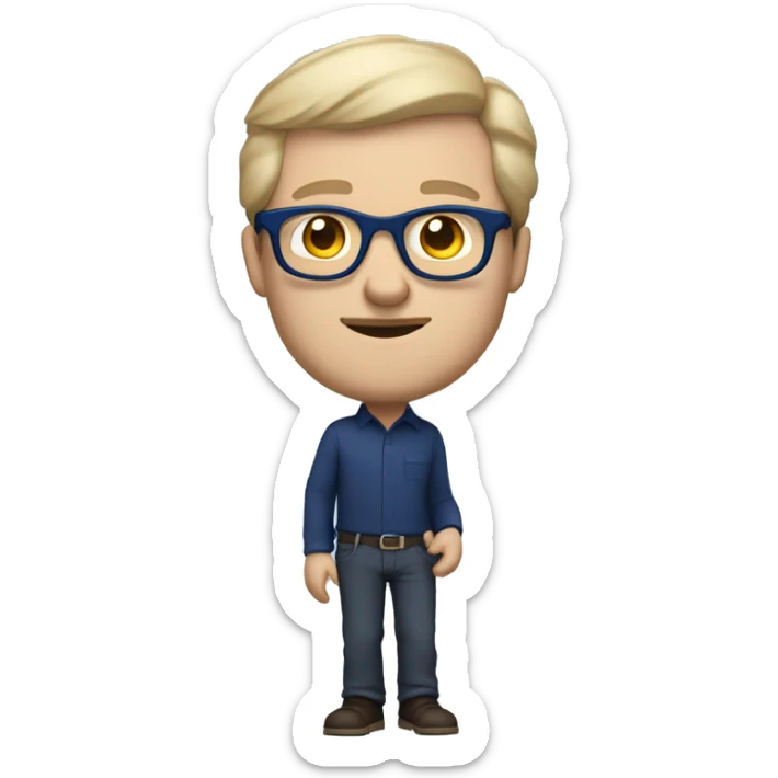 caucasian white man with dark hair, blue glasses, and carrying design plan because he is an architect and a pencil and a set model maquette. wearing a navy blue long sleeve shirt. smart.  sticker