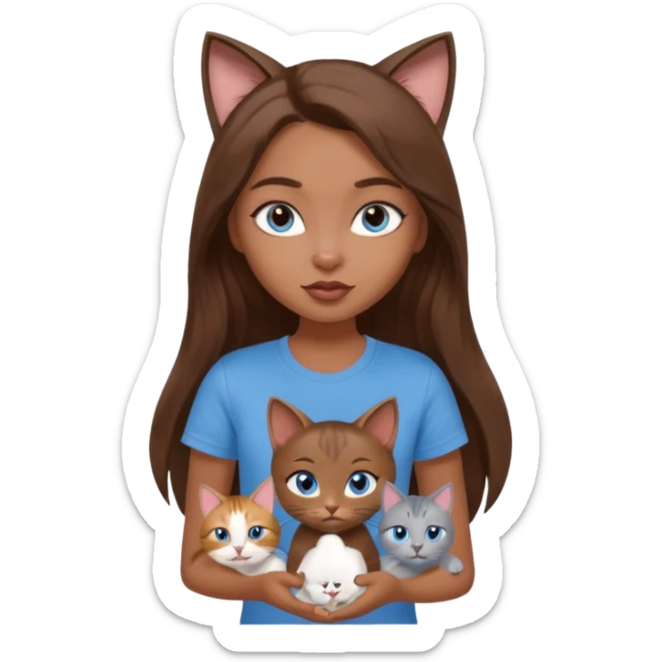 a pretty bratz dusky girl with long brown hair, blue eyes with six cats nd wearing a grey tshirt sticker