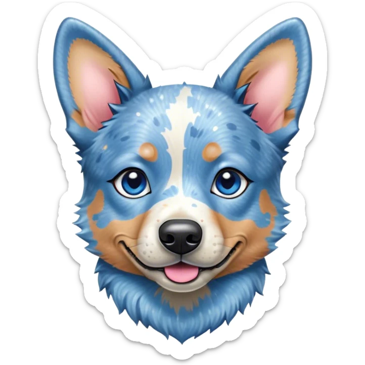 Cinematic Cute Blue Speckle Australian Cattle Dog Portrait Emoji, Head tilted playfully and inquisitively, featuring a vibrant blue speckle Fur with dynamic patterns, round, sparkling blue eyes filled with curiosity, Simplified yet irresistibly adorable features, highly detailed, glowing with a warm, friendly glow, high shine, affectionate and energetic, stylized with a touch of whimsy, bright and endearing, soft glowing outline, capturing the essence of a mischievous yet loving pup, so playful it feels like it could bound out of the screen and into your arms! sticker