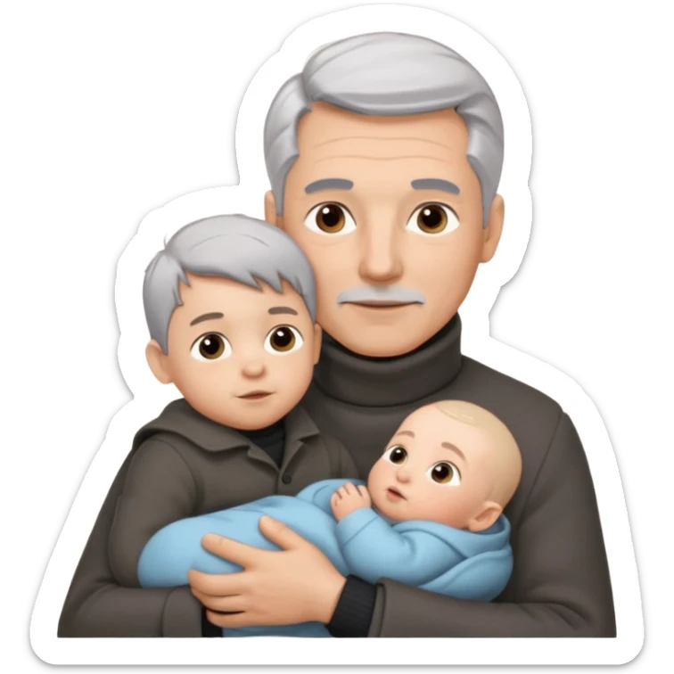 A father with silver-grey hair styled neatly and a clean-shaven face, wearing a dark turtleneck and wool coat, holding his baby sticker