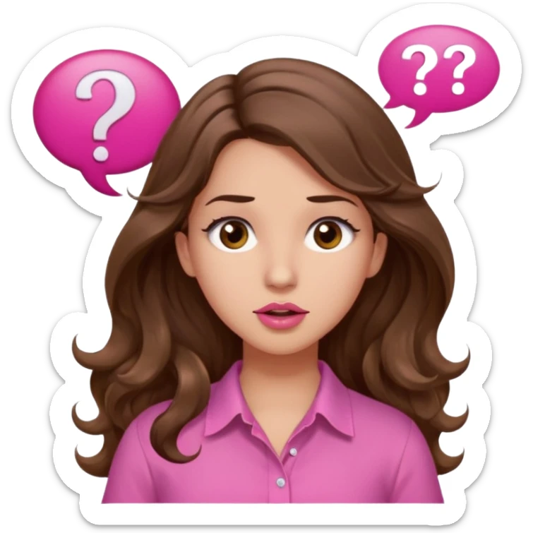 girl with long wavy brown hair, brown eyes, light to medium complexion, in a pink shirt, pink lips, long lashes, shugging, question mark one speech bubble sticker