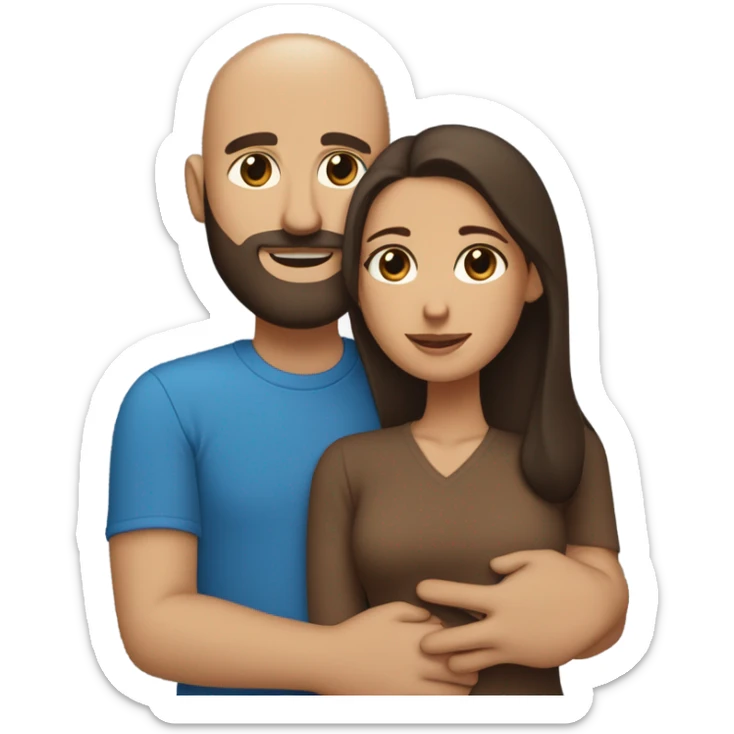 Comforting hug from brunette Puerto Rican with dark brown eyes wearing a cute blue top to short, bald man with brown eyes and a beard wearing a brown sweater sticker