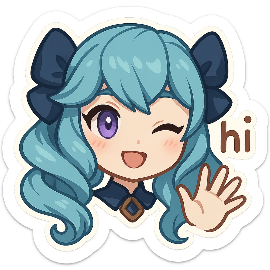 Gwen from League of Legends, hi emote, chibi style, only head, right eye purple, waving hand, sample 1 sticker