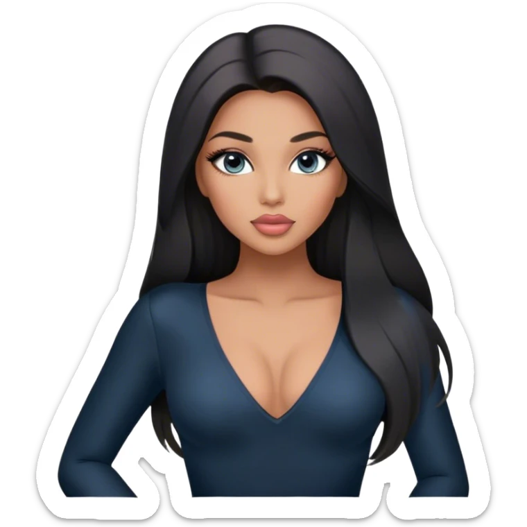 Glamours, tanned, very beautiful girl, with big pump peach-beige-rose lips, long long lashes, black straight smooth silky long hair, straight parting hair, blue-grey eyes in black long-sleeves v-neck bodysuit sticker