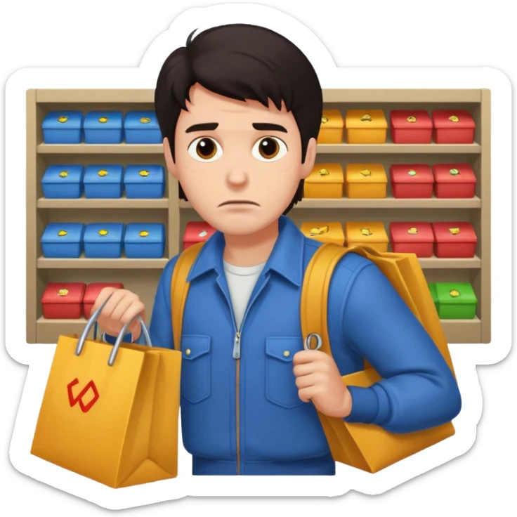 a man in 80s clothes, no mask, escaping a shop with loot, worried face, cartoon style, dark hair sticker