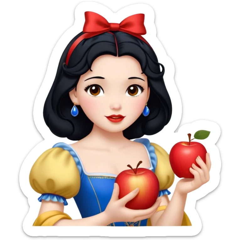 Cinematic Realistic Snow White Portrait, depicted with lifelike skin texture, soft natural lighting, and intricately detailed black hair styled with a red ribbon. Her soft brown eyes radiate innocence and kindness, complemented by a warm, gentle smile. She holds an apple in one hand, her other hand resting against her cheek, embodying her purity and charm. She is dressed in her classic yellow, blue, and red gown, the fabric rich in texture with delicate folds that catch the light beautifully. The portrait features a soft, natural glow with a radiant finish, capturing the essence of timeless beauty in a realistic and painterly style. sticker