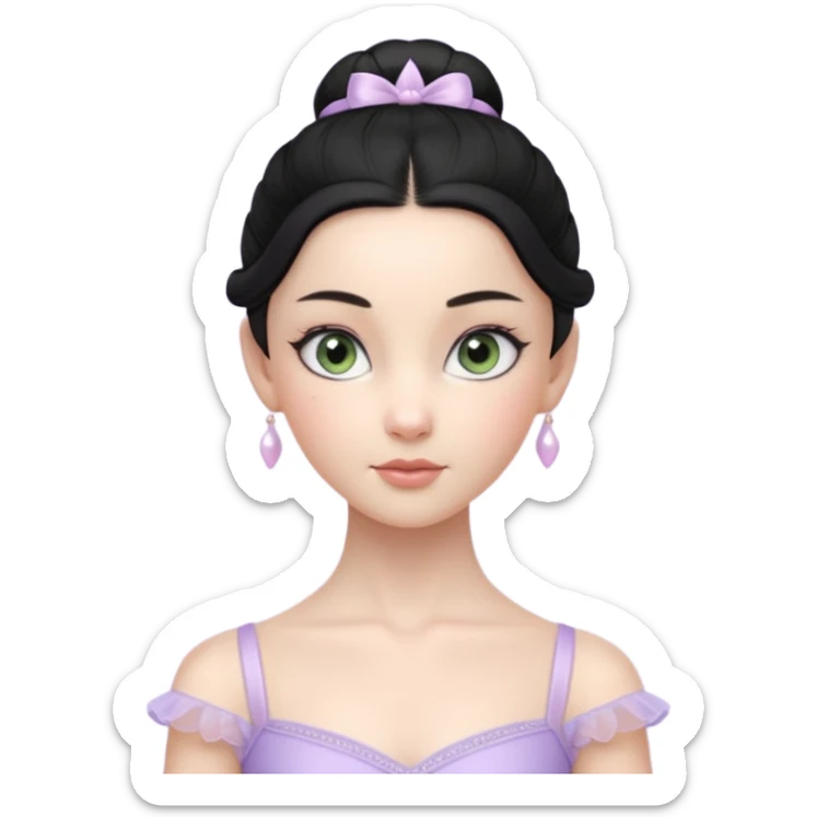 Cinematic Realistic ballerina Light Purple Portrait, depicted with lifelike skin texture, subtle rosy undertones, and soft natural lighting that enhances the gentle contours of her face. Her intricately detailed sweet black hair is elegantly styled, green eyes sticker