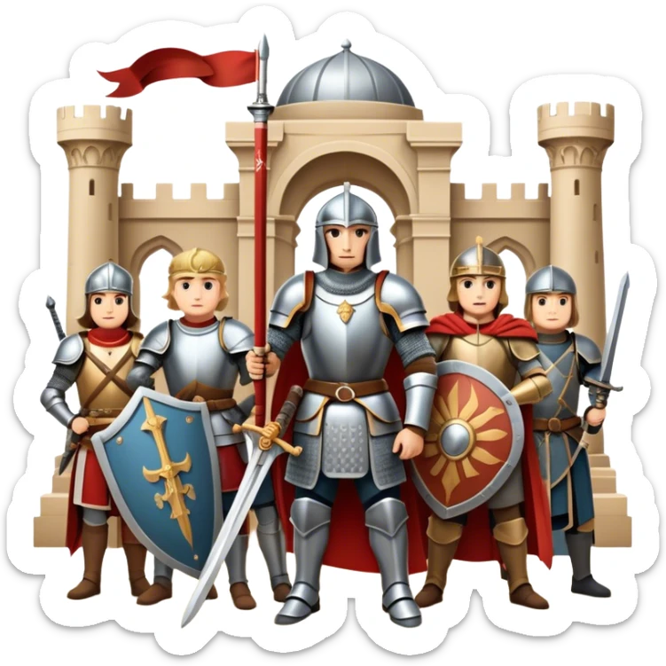 Icon for Historical Movies: A vintage movie poster-style design with elements of ancient architecture, historical figures in period costumes, and a backdrop of a historical event or battle. Include scrolls, swords, and shields. Retro cinematic feel. Transparent background. sticker