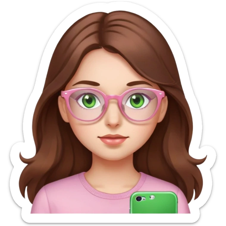 Girl long brown hair, green eyes, light pink glasses sticker