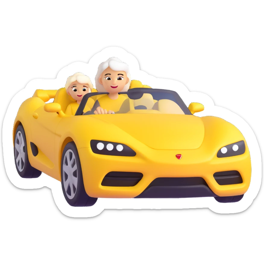 Ensure only the mother with white hair is in the yellow sports car, no other person visible, keep 3D emoji style, 10% more realistic, no background. sticker