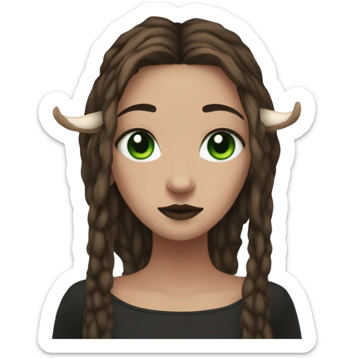 Portrait. Goth, deer girl. Green eyes. She has White antlers and deer ears. Long brown dreadlocks. sticker