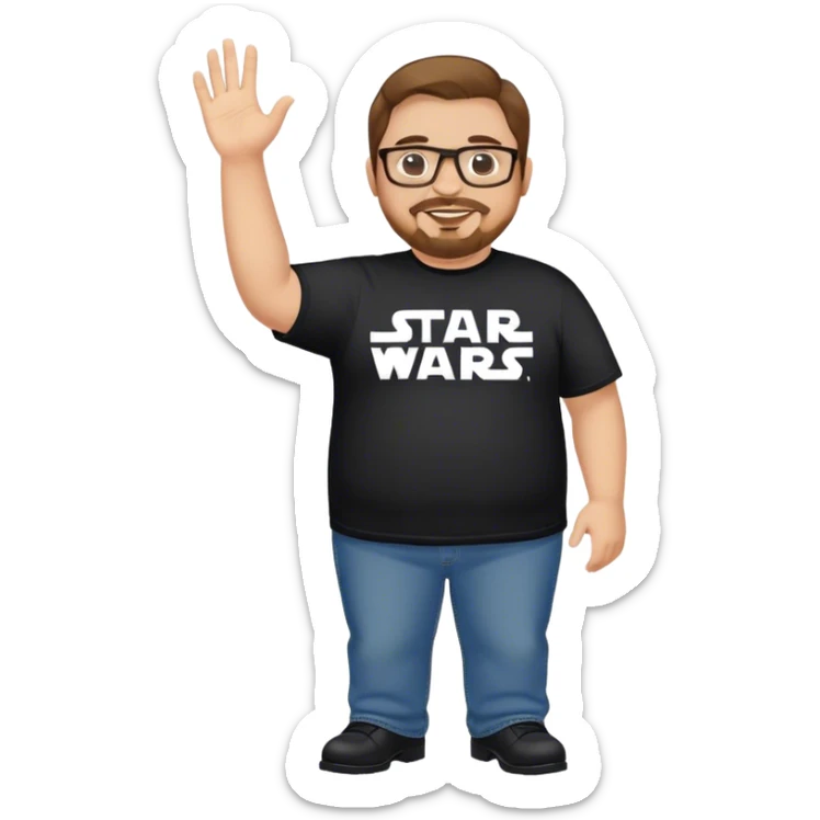 overweight Caucasian man, brown hair, goatee, glasses wearing a star wars t-shirt,  jeans and black dress shoes, smiling and waving sticker