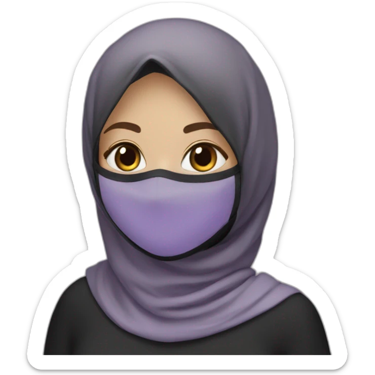 Emoji , girl , black hijab , black N95 mask ,creamy white, soft purple .  sticker