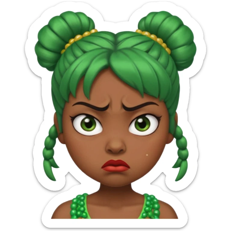 Create a 3D cartoon-style girl character with dark skin, round face, angry expression, big wide eyes, and tightly styled double buns made of green beaded hair. The girl should look irritated, eyebrows sharply angled, and lips pressed in a frown. sticker