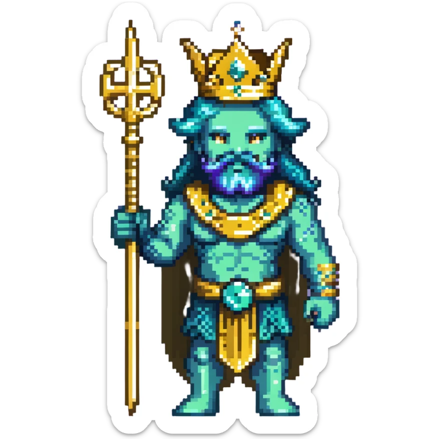 Neptune god of the sea wielding golden trident, blue-green skin, wearing crown sticker